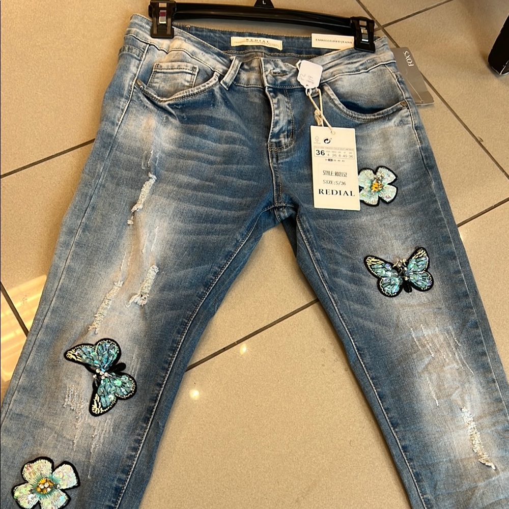 Women's Light Blue Embroidered Butterfly Distressed Jeans